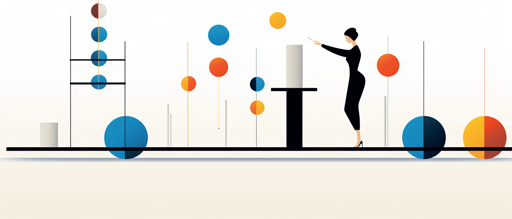 a woman standing on a platform with colorful balls and a column, representing how healthy self-esteem leads to confidence which leads to achievement