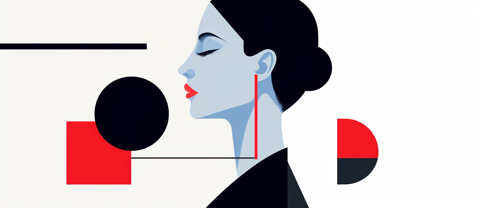 This minimalist and abstract image of a serene woman composed of precise geometric shapes and contrasting colors symbolizes the rigid standards and inner conflict of perfectionism, while also highlighting the calm and balanced state of self-acceptance essential for healthy self-esteem.