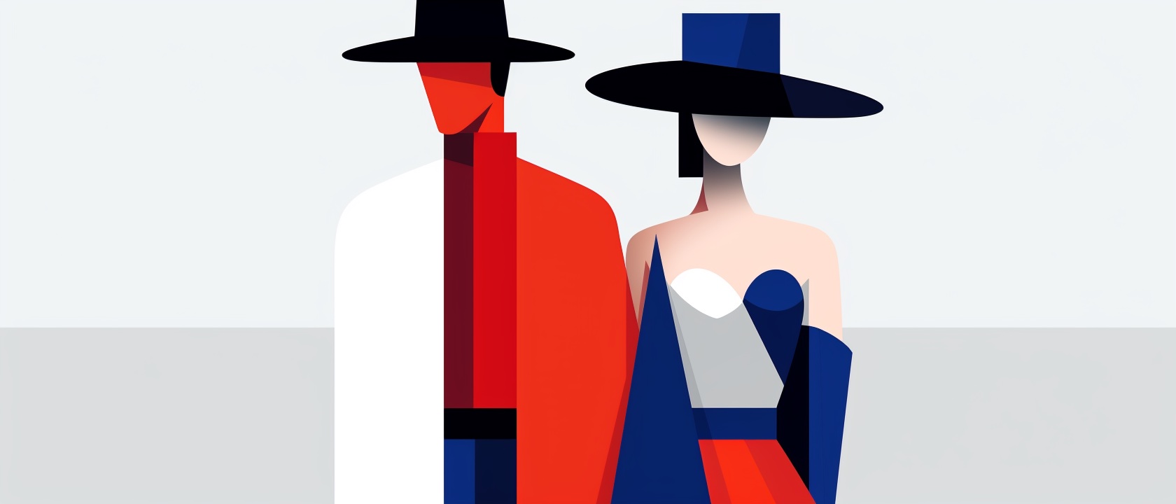 abstract illustration of a man and woman wearing hats