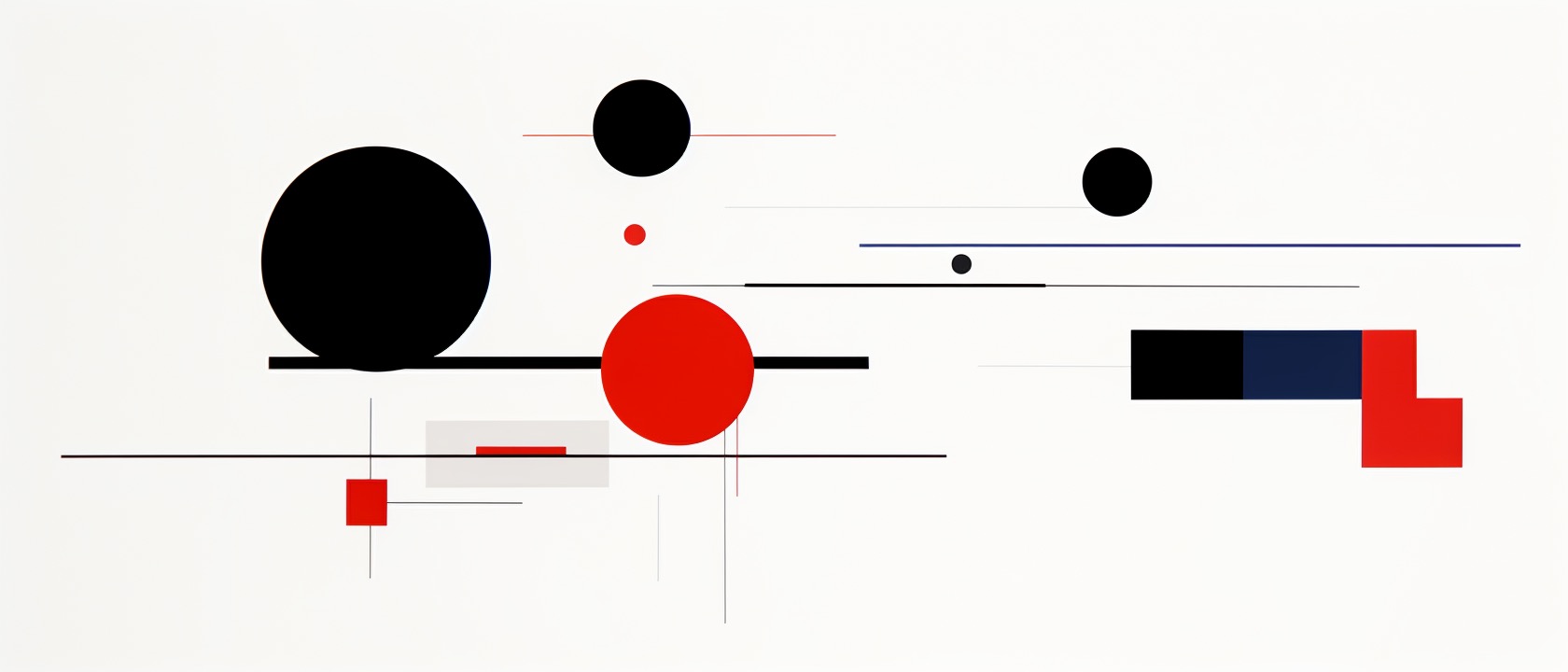 abstract image of round and rectangular shapes and lines in black and red