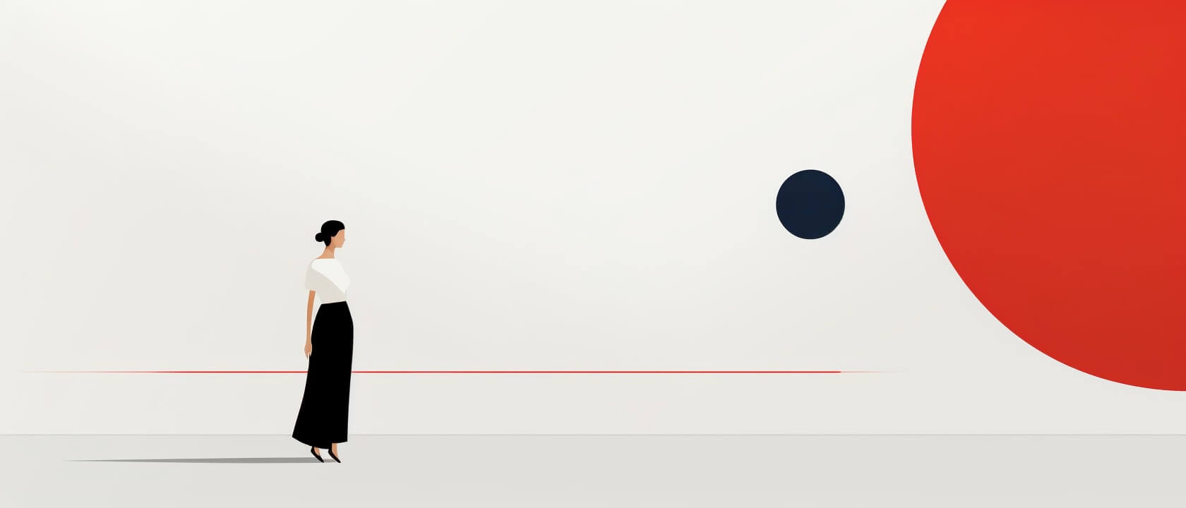 woman standing in front of a big red circle representing a big problem with a small black circle between the woman and the big red circle representing a small action she can take to work towards a solution for the problem